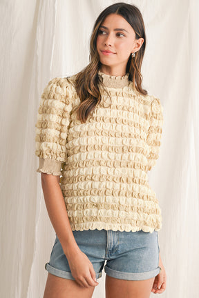 Beige Textured Frill Trim Smocked Puff Sleeve T Shirt-True and Wild