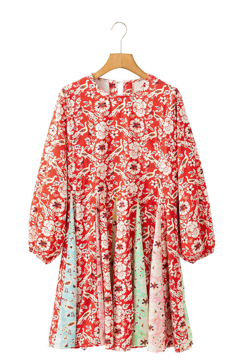 Red Boho Floral Patchwork Long Sleeve Pleated Dress-True and Wild