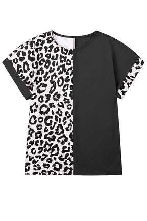 Black Leopard Print Color Block Rolled Up Sleeve Casual T Shirt-True and Wild