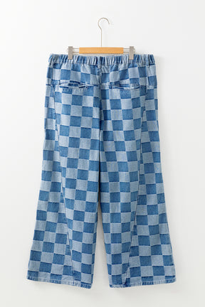 Dusk Blue Plus Size Checkered Seamed High Waist Wide Leg Jeans-True and Wild