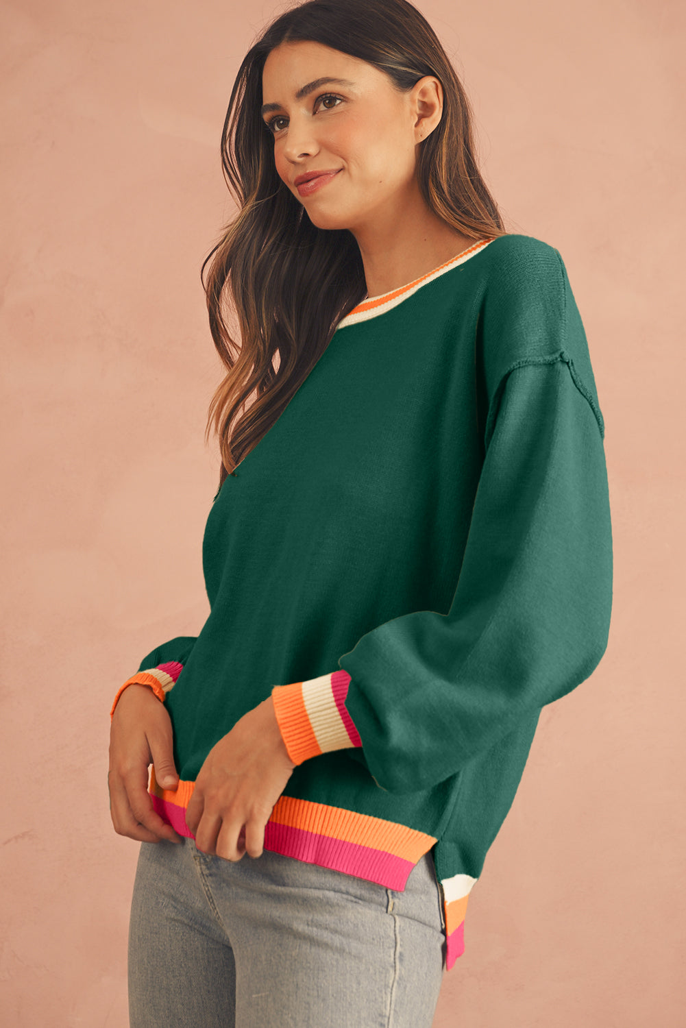 Parchment Striped Trim Drop Shoulder Sweater-True and Wild