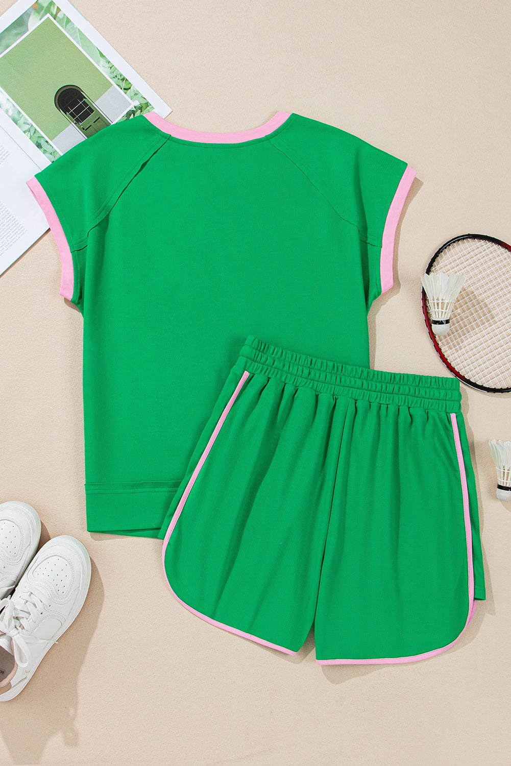 Bright Green Two Tone Contrast Trim Textured Tee and Shorts Set