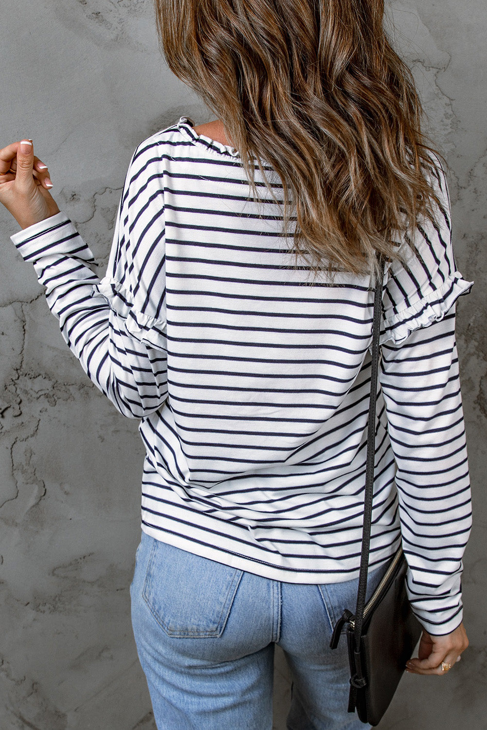 White Striped Snap Button Ruffle Trim Long Sleeve Top