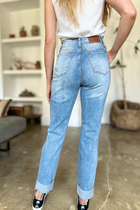 Judy Blue Full Size Distressed Straight Jeans with Patch Pockets-True and Wild