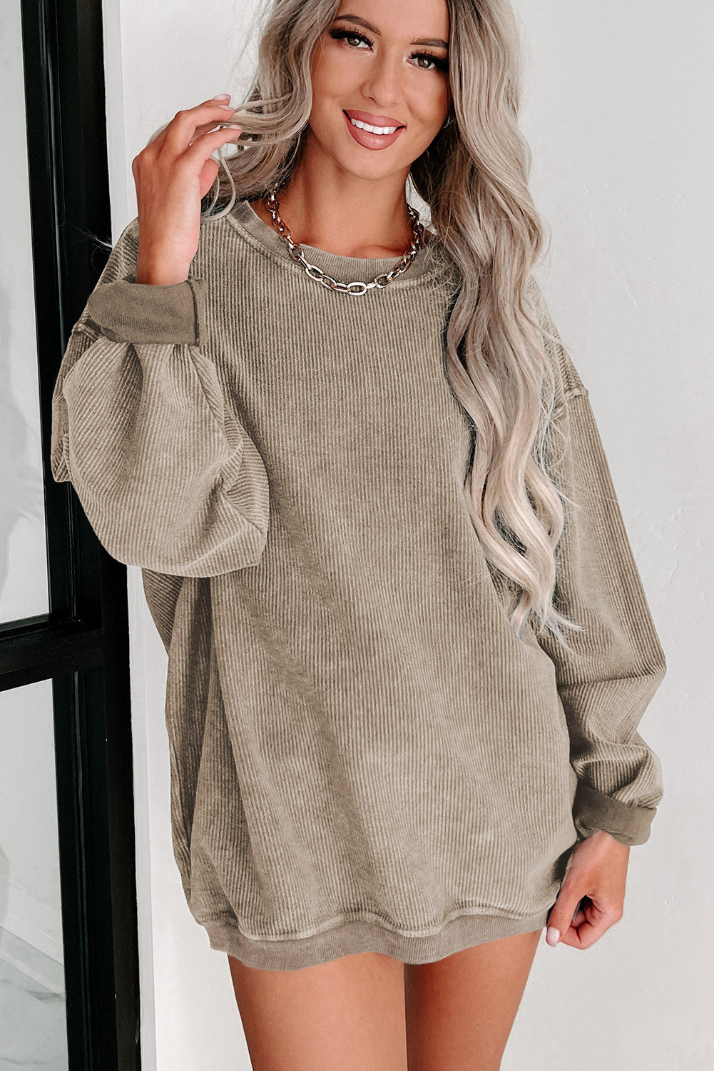 Pink Solid Ribbed Round Neck Pullover Sweatshirt-True and Wild