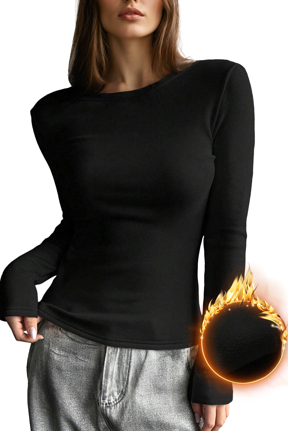 Black Fleece Lined Slim Fit Basic Long Sleeve Top-True and Wild