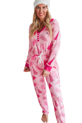 Pink Christmas Tree Print V Neck Buttoned Pullover and Pants Pajama Set-True and Wild