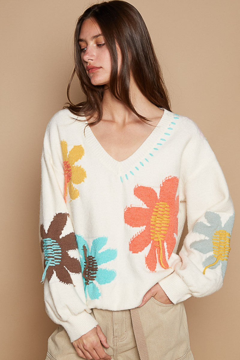 POL V-Neck Long Sleeve Flower Fringe Sweater-True and Wild