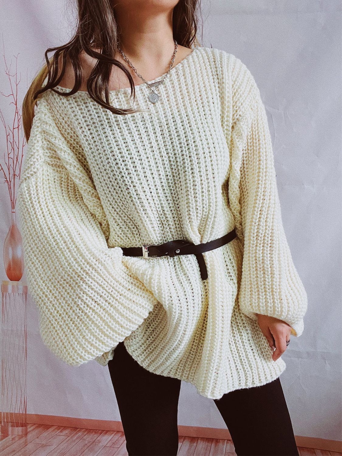 Boat Neck Long Sleeve Sweater With Belt