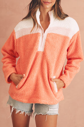 Orange Colorblock Zipper Stand Neck Sherpa Sweatshirt-True and Wild