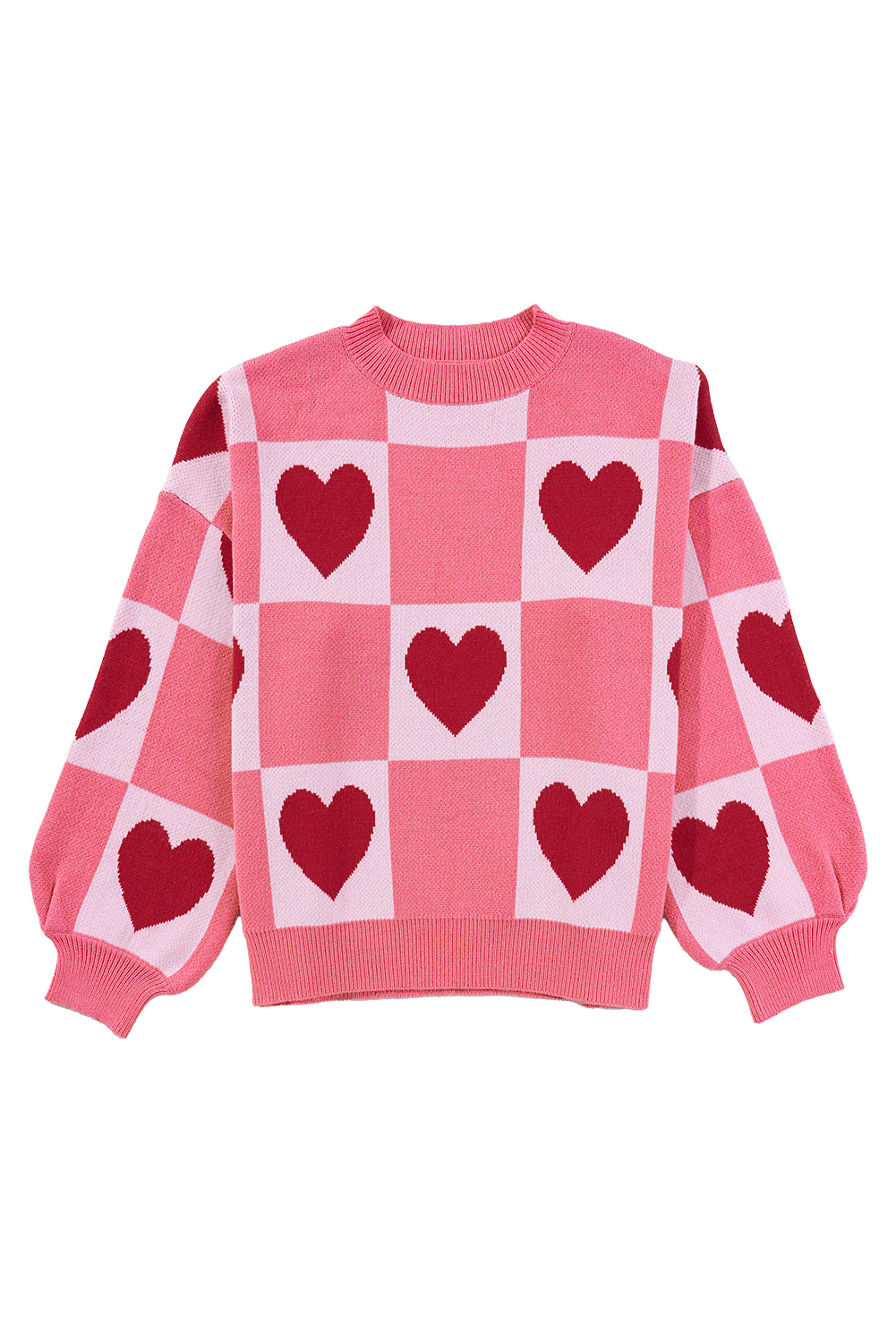 Plus Size Sweaters&Cardigans - Pink Plus Size Heart Colorblock Mock Neck Lantern Sleeve Sweater