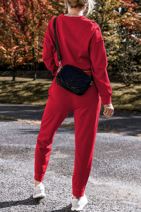 Racing Red Solid Color High Low Pullover and Pants Set-True and Wild