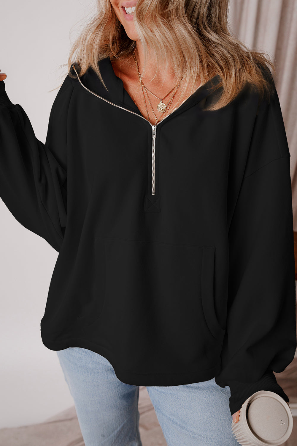 Black Half Zipper Kangaroo Pockets Drop Shoulder Hoodie-True and Wild