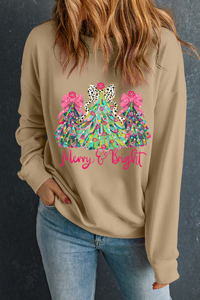 Khaki Merry & Bright Christmas Tree Print Pullover Sweatshirt-True and Wild