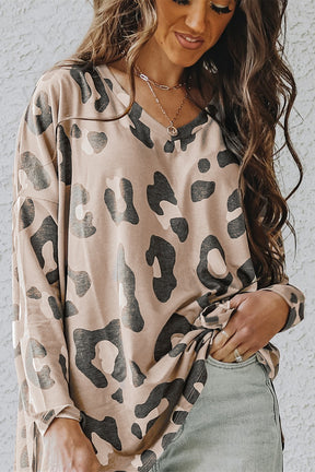 Khaki Leopard Print V Neck Long Sleeve Shirt-True and Wild