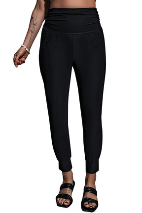 Black Pleated Casual Pocket High Waisted Leggings-True and Wild