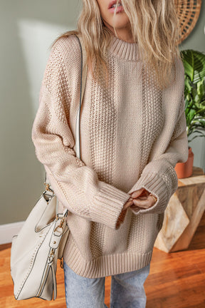 Pale Khaki Solid Color Ribbed Knit Round Neck Sweater-True and Wild