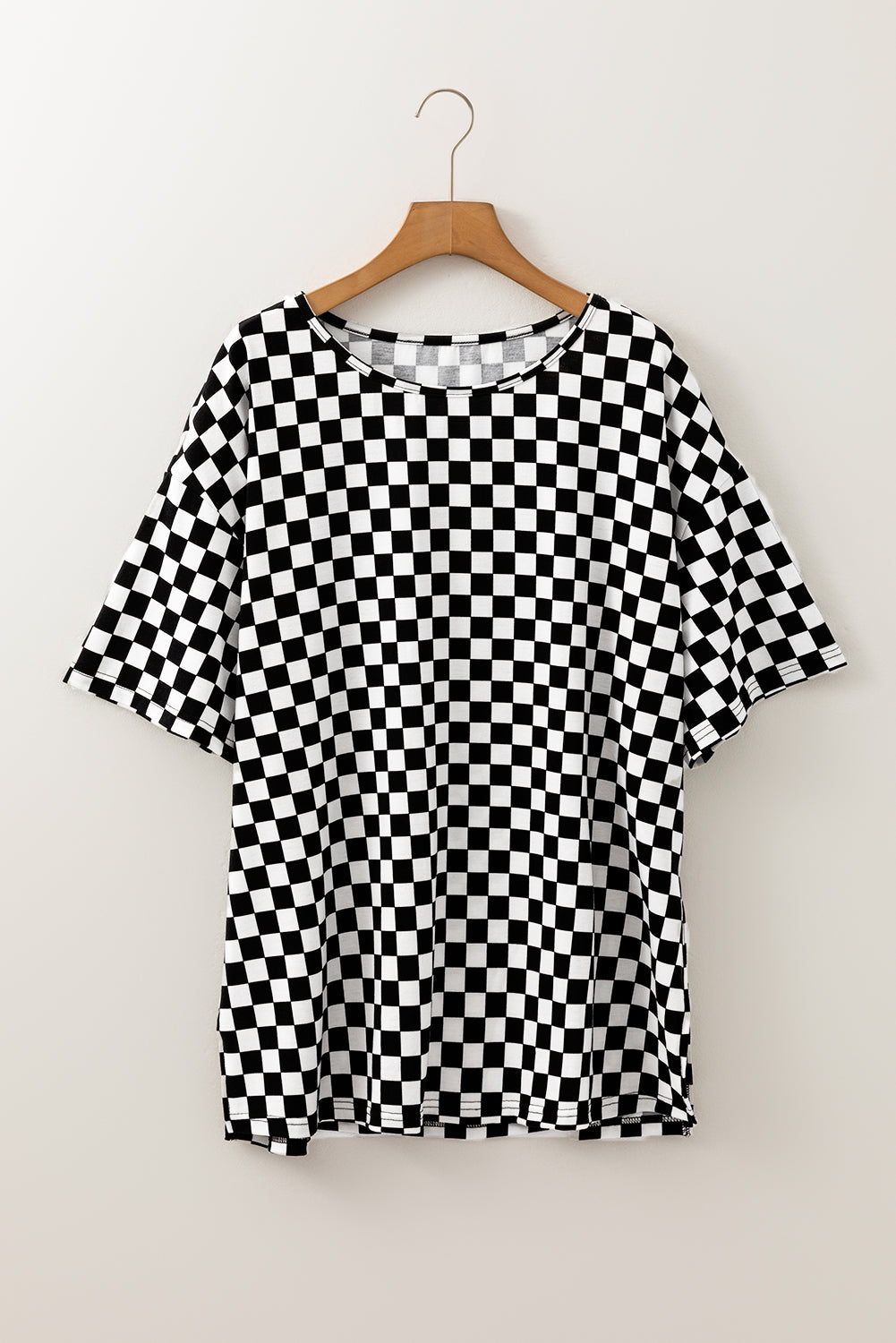 Black Checkered Print Side Slits Plus Size T Shirt-True and Wild