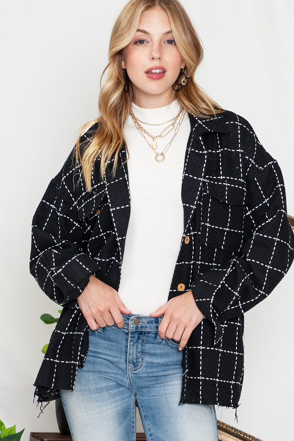 Black Plaid Button Up Shirt Shacket with Flap Pockets-True and Wild