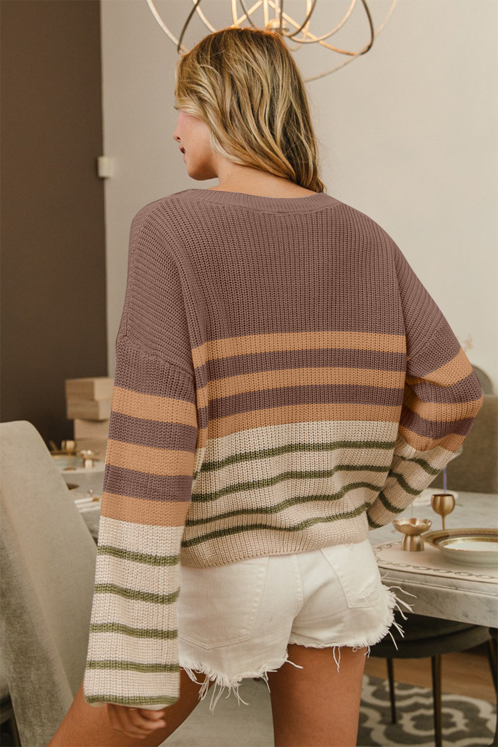 BiBi Color Block Striped Long Sleeve Sweater-True and Wild