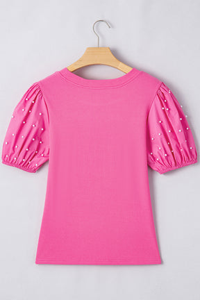 Bright Pink Pearl Beaded Puff Sleeve Ribbed Top