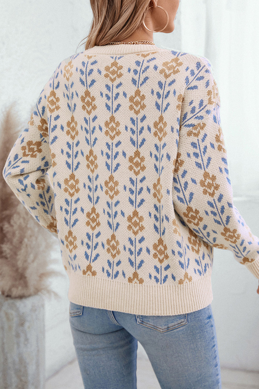 Sweaters - Apricot Floral Pattern Crew Neck Sweater