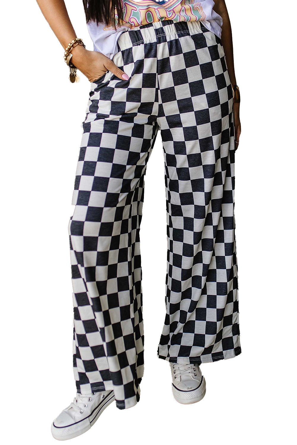 Black Checkered Print High Waist Wide Leg Pants-True and Wild