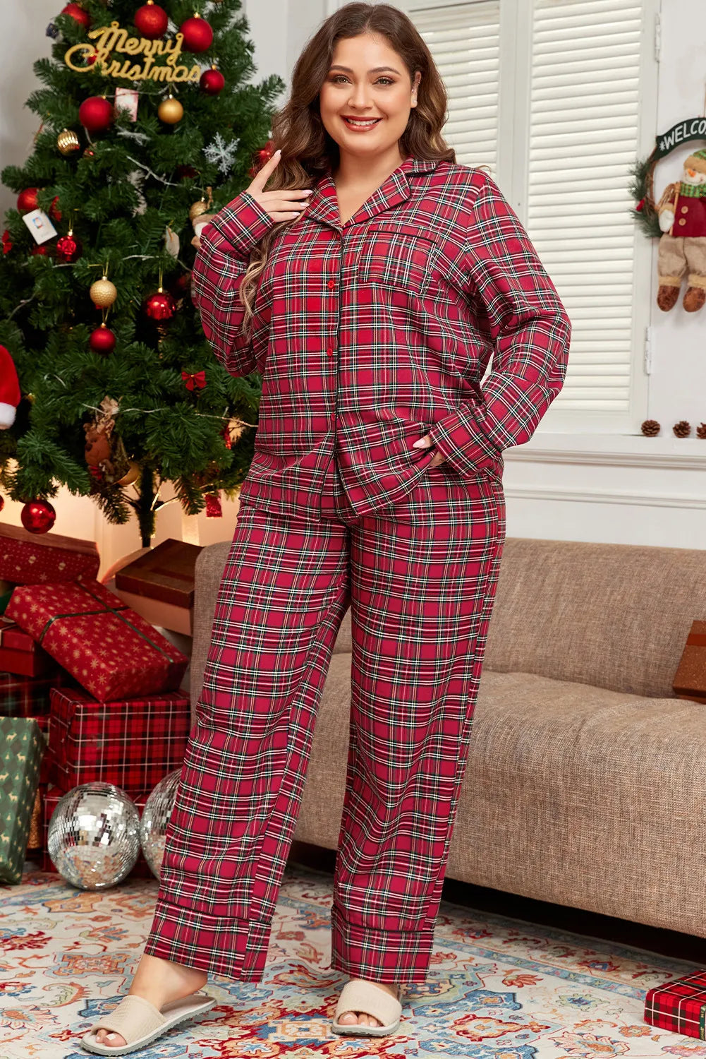 Plus Size Plaid Collared Neck Top and Pants Lounge Set-True and Wild