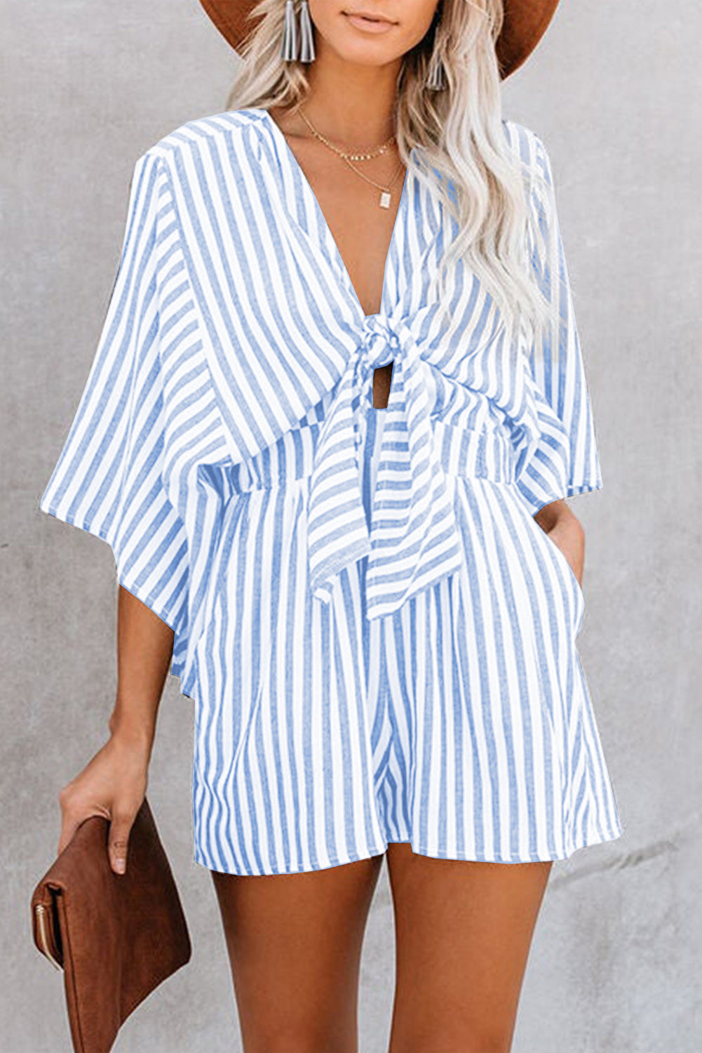 Bow Striped Kimono Sleeve Romper-True and Wild