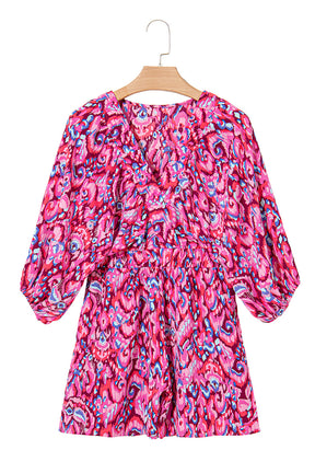 Pink Abstract Print Dolman Sleeve V Neck High Waist Romper