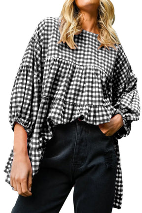 Black Plaid Drop Sleeve Tiered Oversized Blouse-True and Wild