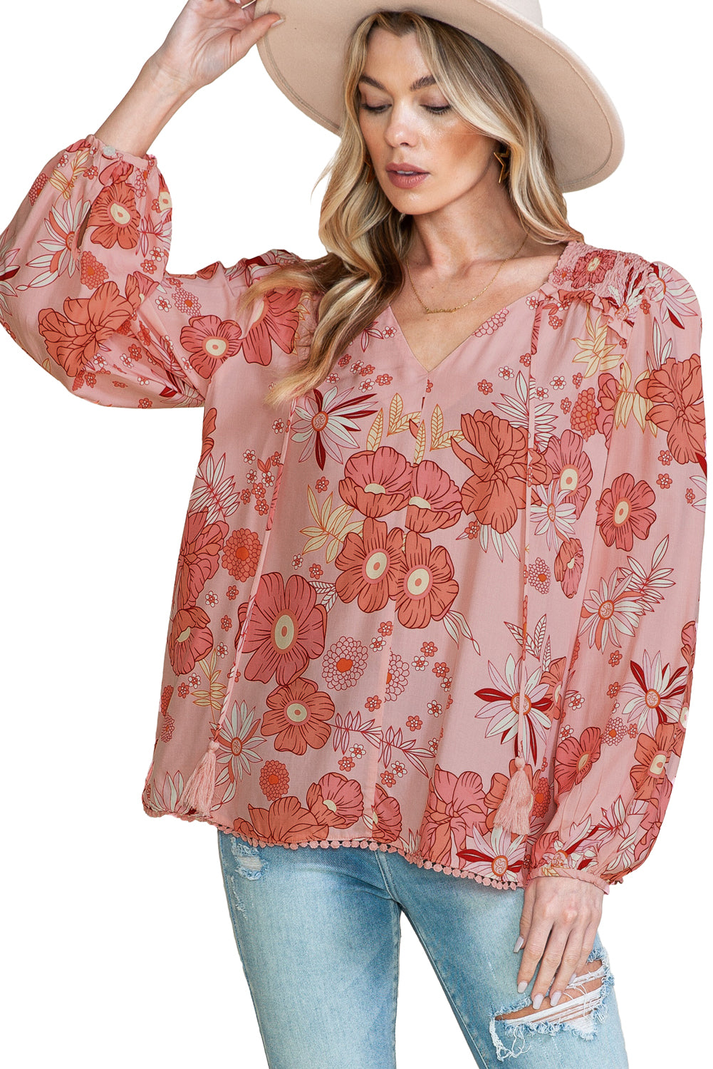 Multicolor Floral Print Lantern Sleeve Boho Peasant Blouse-True and Wild