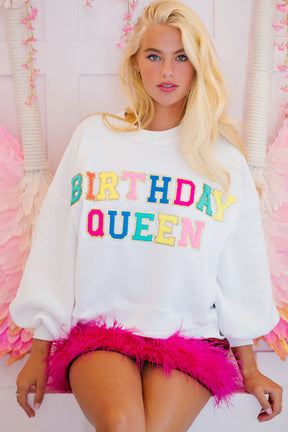 White BIRTHDAY QUEEN Graphic Lantern Sleeve Sweatshirt