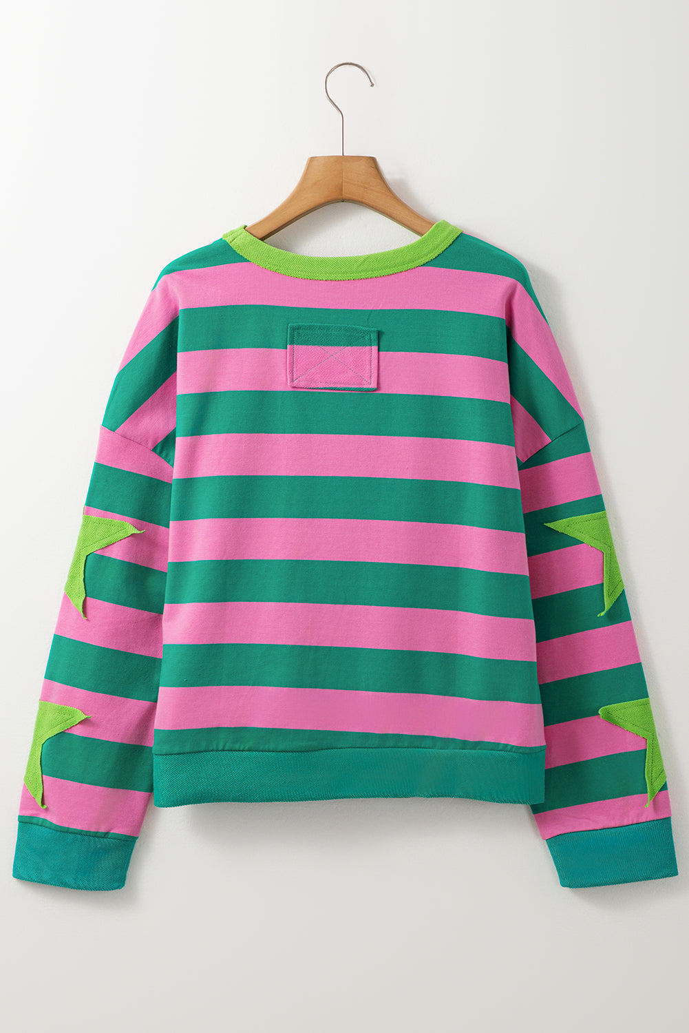 Pink Stripe Star Patchwork Round Neck Pullover Sweatshirt-True and Wild