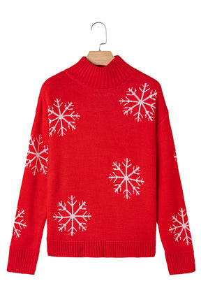 Fiery Red Christmas Snow Printed High Neck Sweater-True and Wild