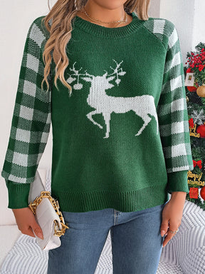 Reindeer Plaid Round Neck Long Sleeve Sweater-True and Wild