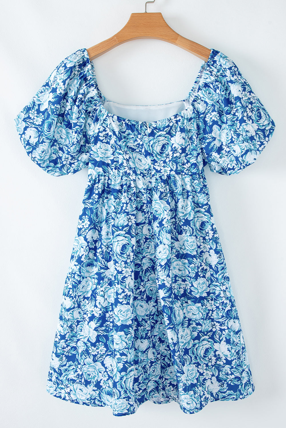 Blue Floral Puff Sleeve Babydoll Mini Dress