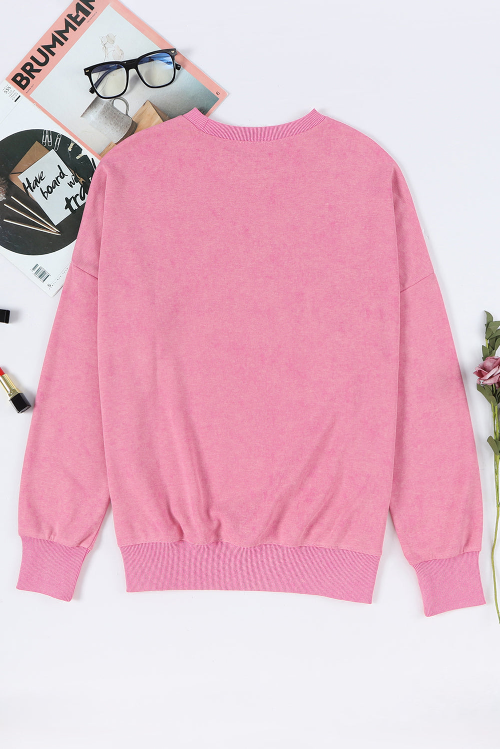 Pink Plain Drop Shoulder Ribbed Trim Oversized Sweatshirt-True and Wild