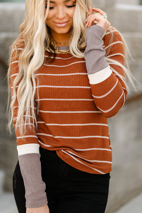 Brown Contrast Spliced Colorblock Cuffed Rib Knit Top-True and Wild