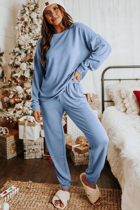 Red Casual Long Sleeve Pullover & Joggers Pajamas Set-True and Wild