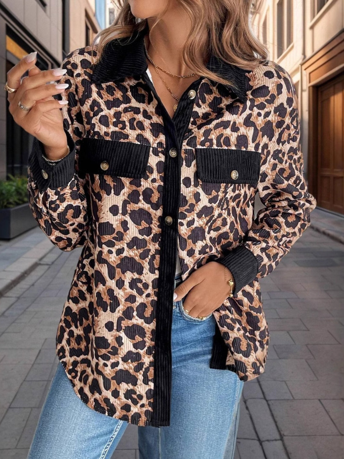 Leopard Collared Neck Button Up Shacket-True and Wild