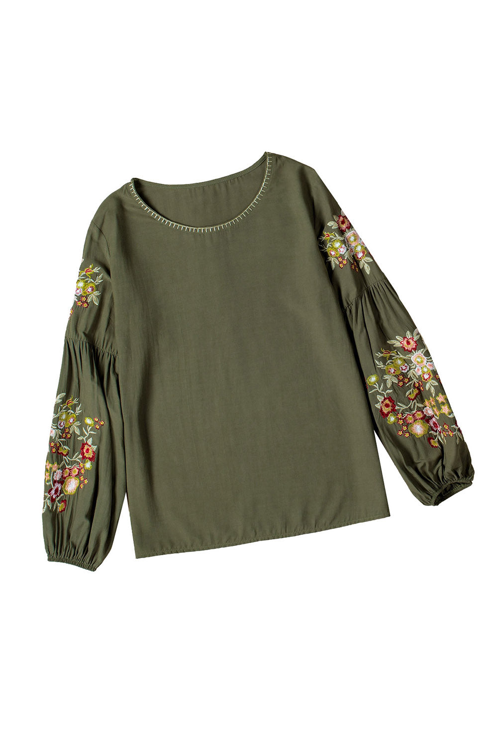 Olive Green Flower Embroidered Long Sleeve Blouse-True and Wild