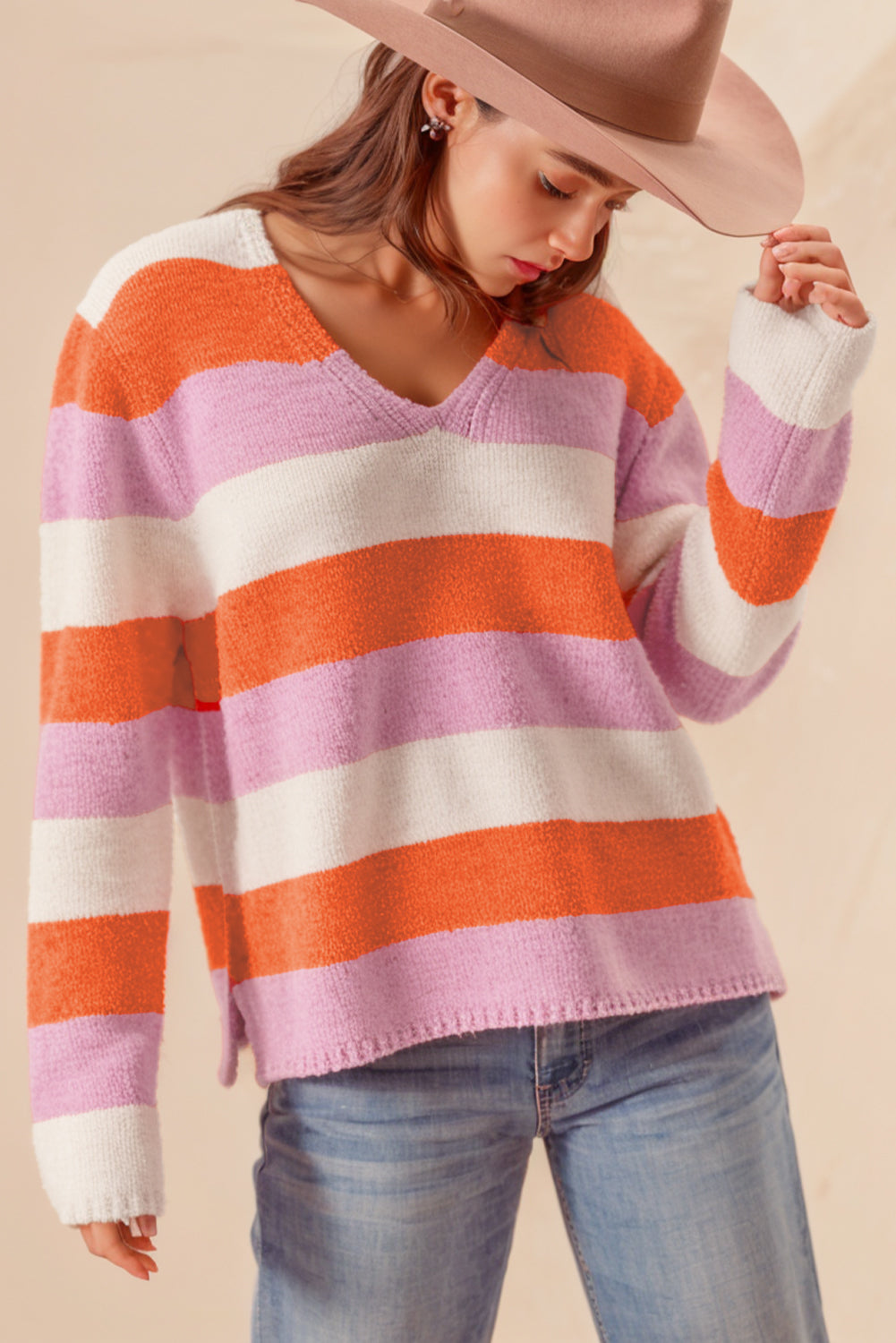 Orange Casual Stripe V Neck Side Slit Sweater-True and Wild