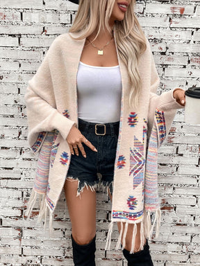 Fringe Geometric Open Front Long Sleeve Cape-True and Wild