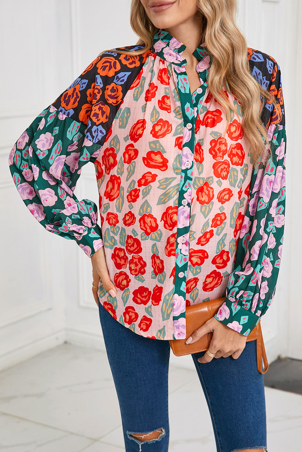 Red Colorblock Floral Print Puff Sleeve Shirt-True and Wild