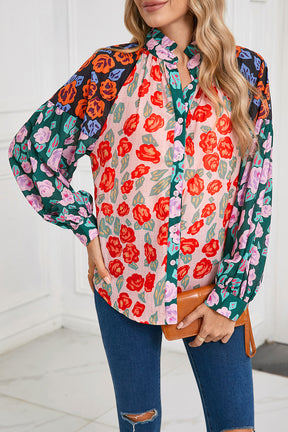 Red Colorblock Floral Print Puff Sleeve Shirt-True and Wild