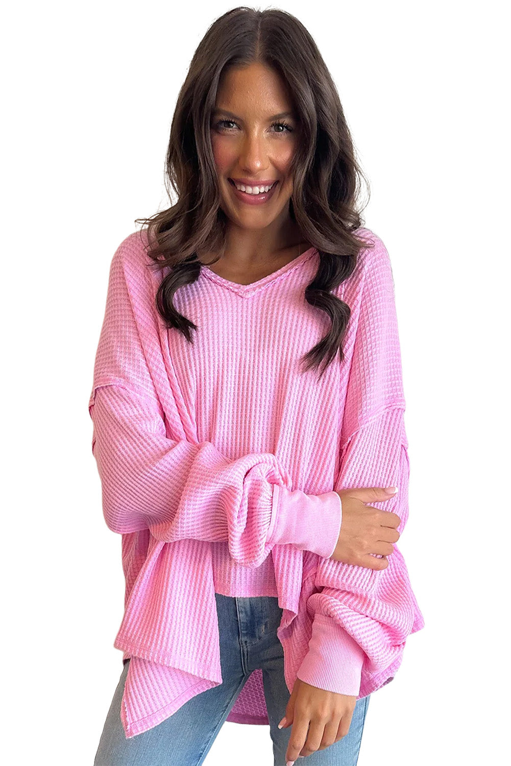 Pink Waffle Textured V-Neck Oversized Top-True and Wild