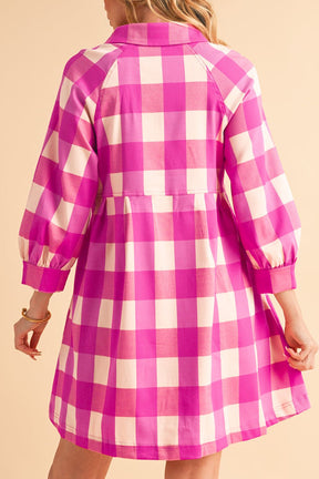 Ruched Plaid Three-Quarter Sleeve Shirt Dress