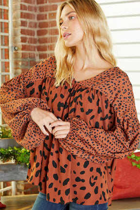 Brown Leopard V Neck Lantern Sleeve Tunic Blouse-True and Wild