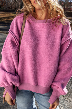 Bright Pink Sherpa Seamed Drop Shoulder Oversized Sweatshirt-True and Wild